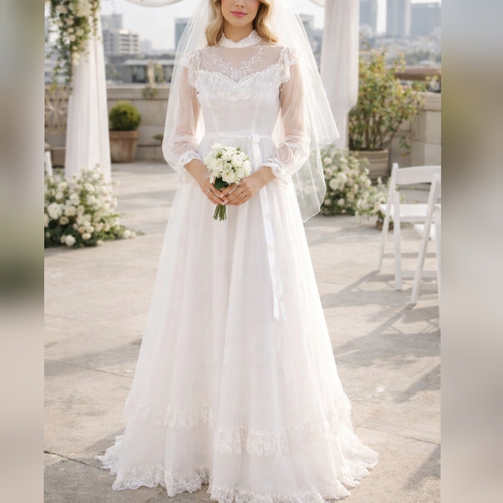 Unbranded Vintage 80s White Lace High Neck Long Sleeve Wedding Dress sz 3/4